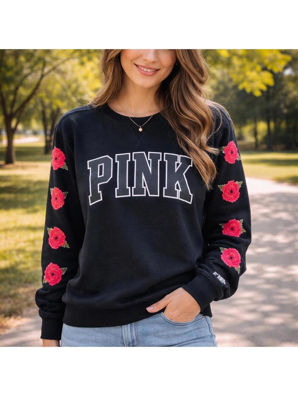 PINK Victoria's Secret Black Sweater with Red Floral Details